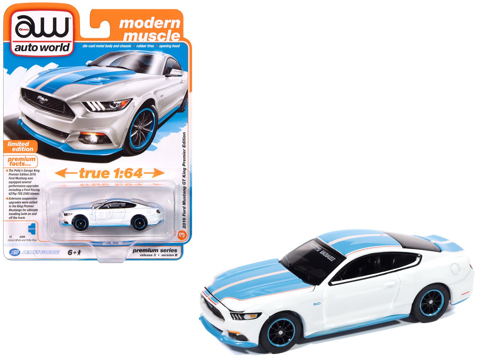 2016 Ford Mustang GT King Premier Edition "Petty's Garage" Oxford White with Petty Blue Stripes "Modern Muscle" Series 1/64 Diecast Model Car by Auto World free shipping USA - Rapid Vehicles