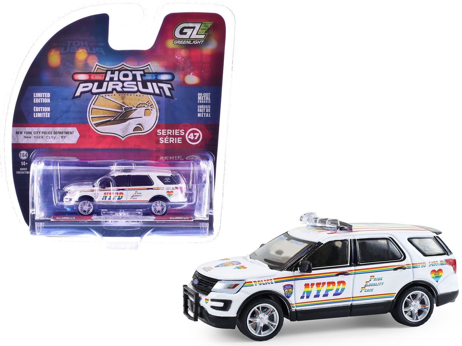 2016 Ford Police Interceptor Utility "New York Police Department (NYPD) Pride Livery" White with Rainbow Stripes "Hot Pursuit" Series 47 1/64 Diecast Model Car by Greenlight free shipping USA - Rapid Vehicles