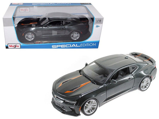 2017 Chevrolet Camaro SS Gray Metallic with Orange Stripes "50th Anniversary" "Special Edition" Series 1/18 Diecast Model Car by Maisto free shipping USA - Rapid Vehicles