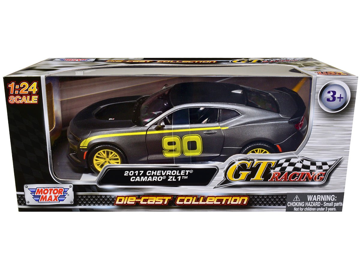 2017 Chevrolet Camaro ZL1 90 Matt Gray with Yellow Stripes "GT Racing" Series 1/24 Diecast Model Car by Motormax free shipping USA - Rapid Vehicles
