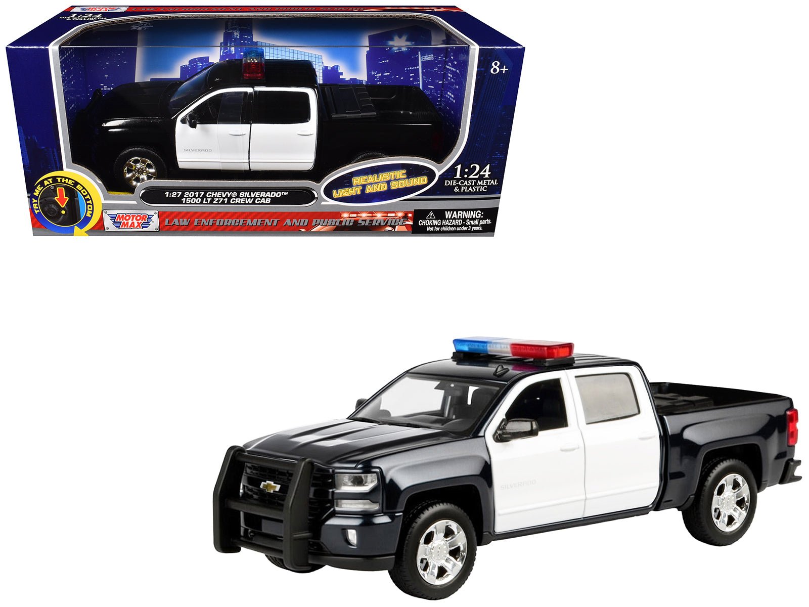 2017 Chevrolet Silverado 1500 LT Z71 Crew Cab Pickup Truck Black and White with Flashing Light Bar and Front and Rear Lights and Sounds 1/27 Diecast Model Car by Motormax free shipping USA - Rapid Vehicles