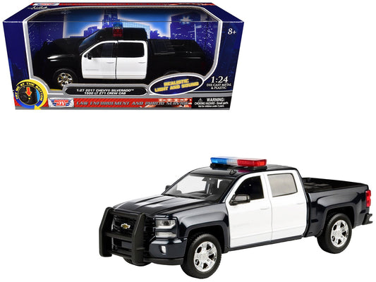 2017 Chevrolet Silverado 1500 LT Z71 Crew Cab Pickup Truck Black and White with Flashing Light Bar and Front and Rear Lights and Sounds 1/27 Diecast Model Car by Motormax free shipping USA - Rapid Vehicles