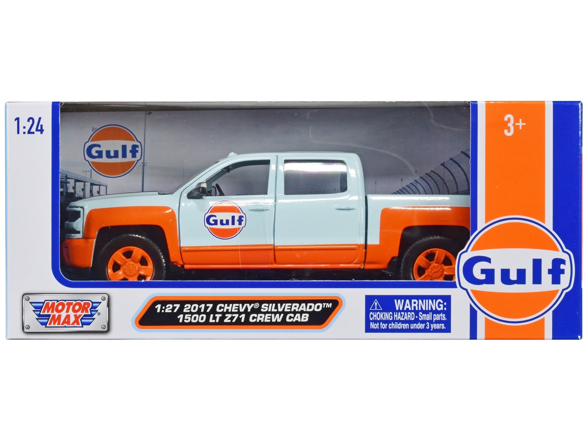 2017 Chevrolet Silverado 1500 LT Z71 Crew Cab Pickup Truck Light Blue with Orange Stripes "Gulf Oil" "Gulf Die - Cast Collection" 1/27 Diecast Model Car by Motormax free shipping USA - Rapid Vehicles