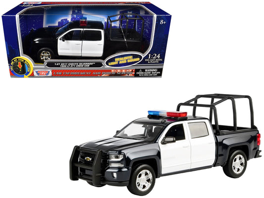 2017 Chevrolet Silverado 1500 LT Z71 Crew Cab Pickup Truck with Bed Cage Black and White with Flashing Light Bar and Front and Rear Lights and Sounds 1/27 Diecast Model Car by Motormax free shipping USA - Rapid Vehicles