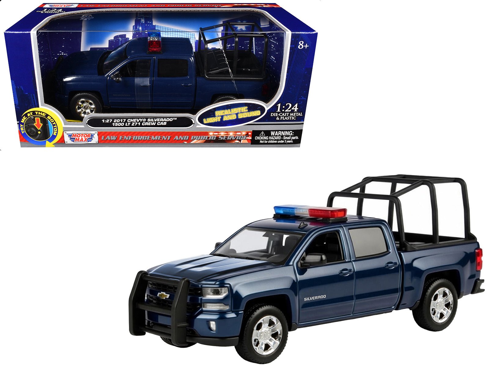 2017 Chevrolet Silverado 1500 LT Z71 Crew Cab Pickup Truck with Bed Cage Dark Blue with Flashing Light Bar and Front and Rear Lights and Sounds 1/27 Diecast Model Car by Motormax free shipping USA - Rapid Vehicles