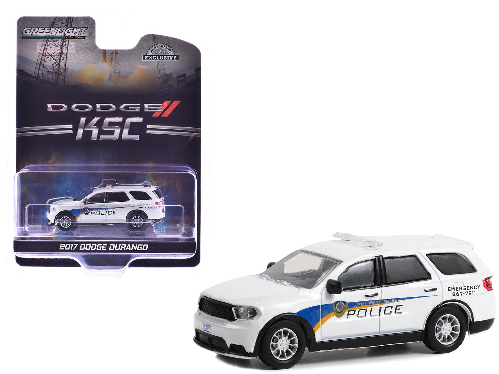 2017 Dodge Durango "Kennedy Space Center (KSC) Security Police Traffic Enforcement" White with Graphics "Hobby Exclusive" Series 1/64 Diecast Model Car by Greenlight free shipping USA - Rapid Vehicles