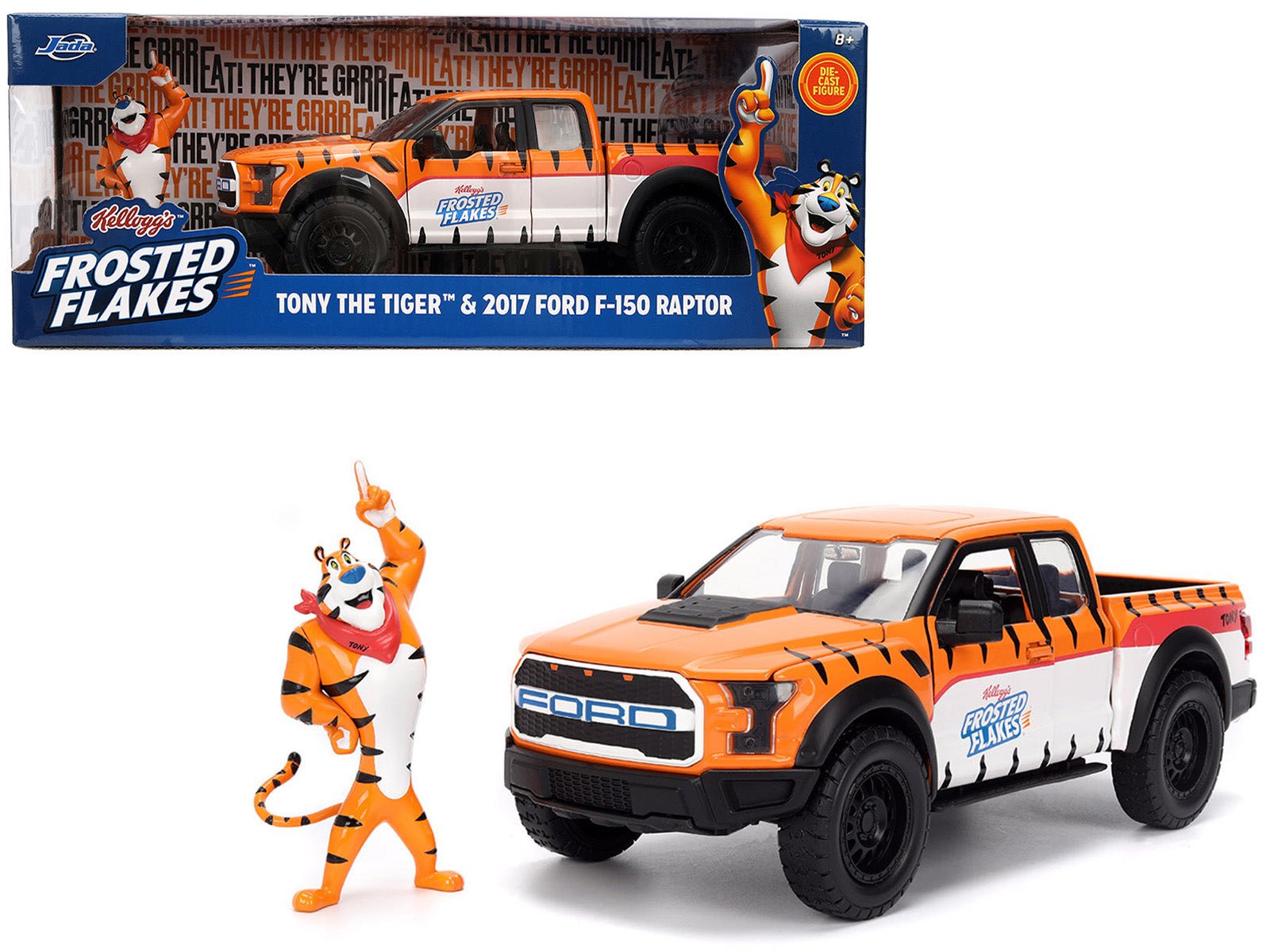 2017 Ford F - 150 Raptor Pickup Truck "Frosted Flakes" Orange with Graphics and Tony the Tiger Diecast Figure "Hollywood Rides" Series 1/24 Diecast Model Car by Jada free shipping USA - Rapid Vehicles