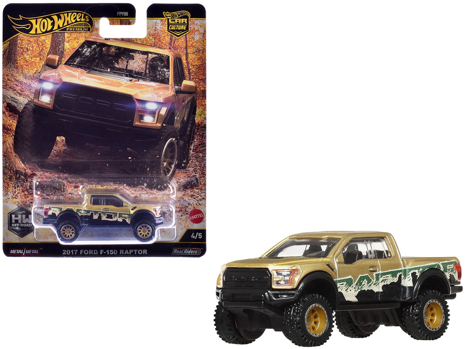 2017 Ford F - 150 Raptor Pickup Truck Gold Metallic with Graphics "HW Off Road" Series Diecast Model Car by Hot Wheels free shipping USA - Rapid Vehicles