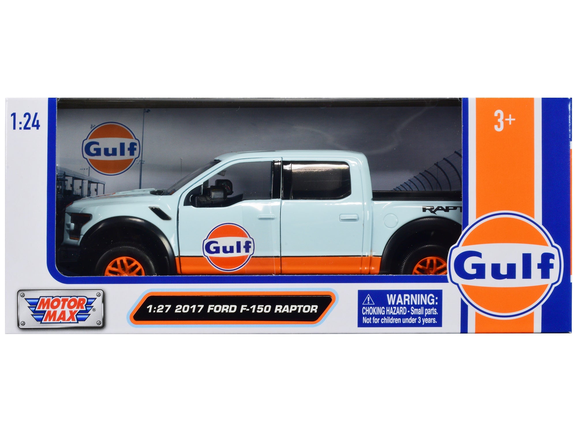 2017 Ford F - 150 Raptor Pickup Truck Light Blue with Orange Stripes "Gulf Oil" "Gulf Die - Cast Collection" 1/27 Diecast Model Car by Motormax free shipping USA - Rapid Vehicles