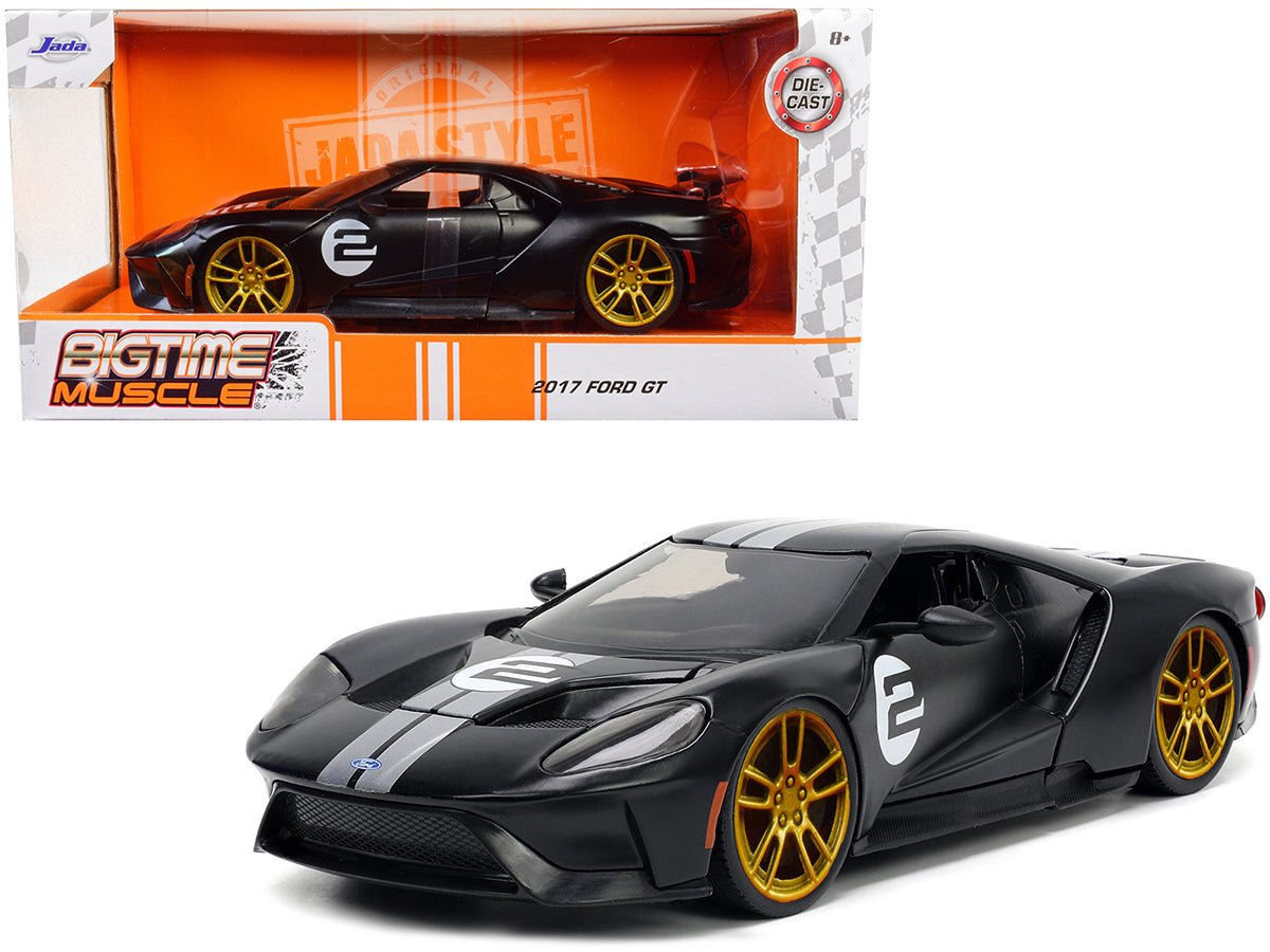 2017 Ford GT 2 Matt Black with Silver Stripes and Gold Wheels "Bigtime Muscle" Series 1/24 Diecast Model Car by Jada free shipping USA - Rapid Vehicles
