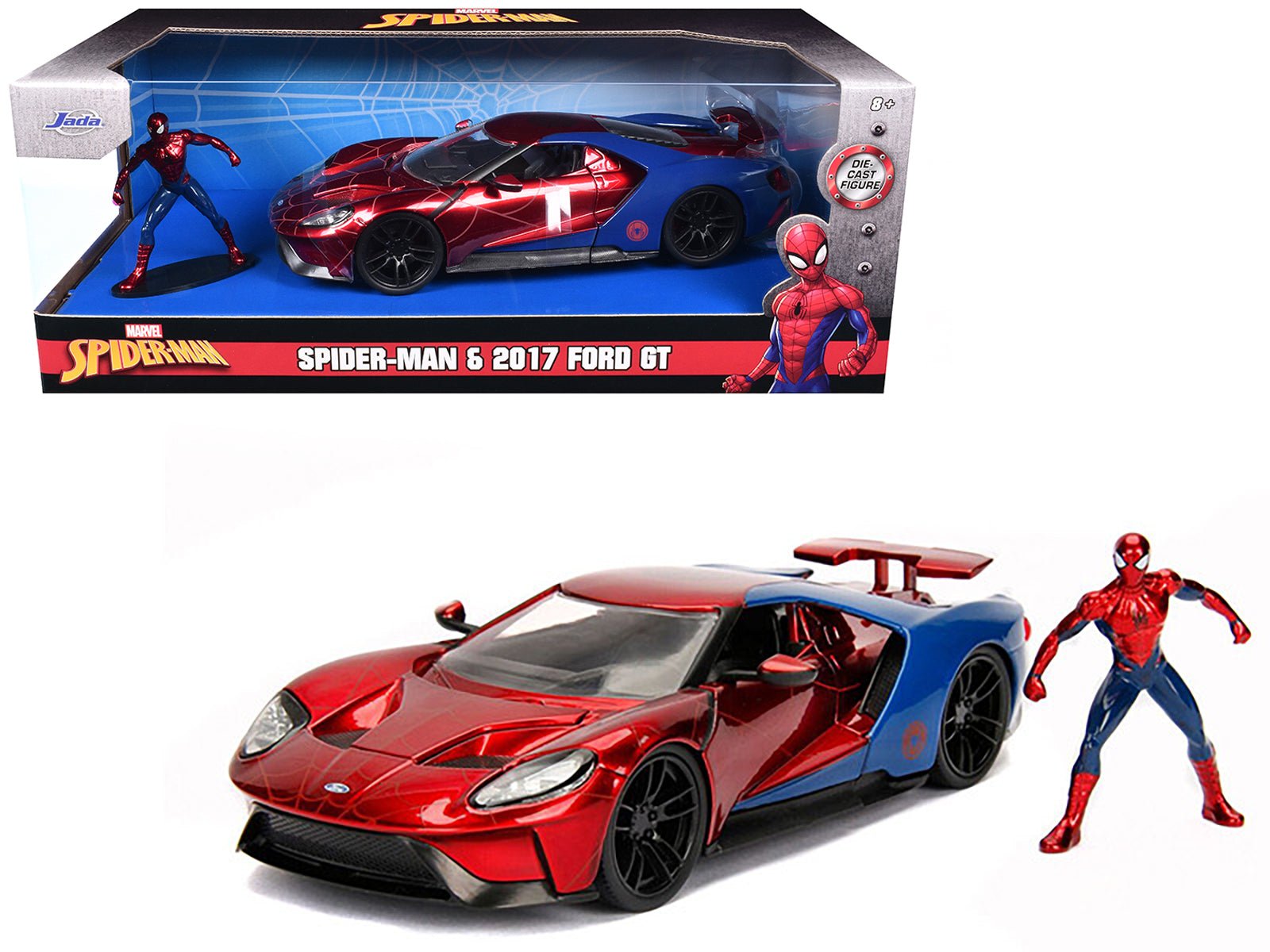 2017 Ford GT with Spider Man Diecast Figurine "Marvel" Series 1/24 Diecast Model Car by Jada free shipping USA - Rapid Vehicles