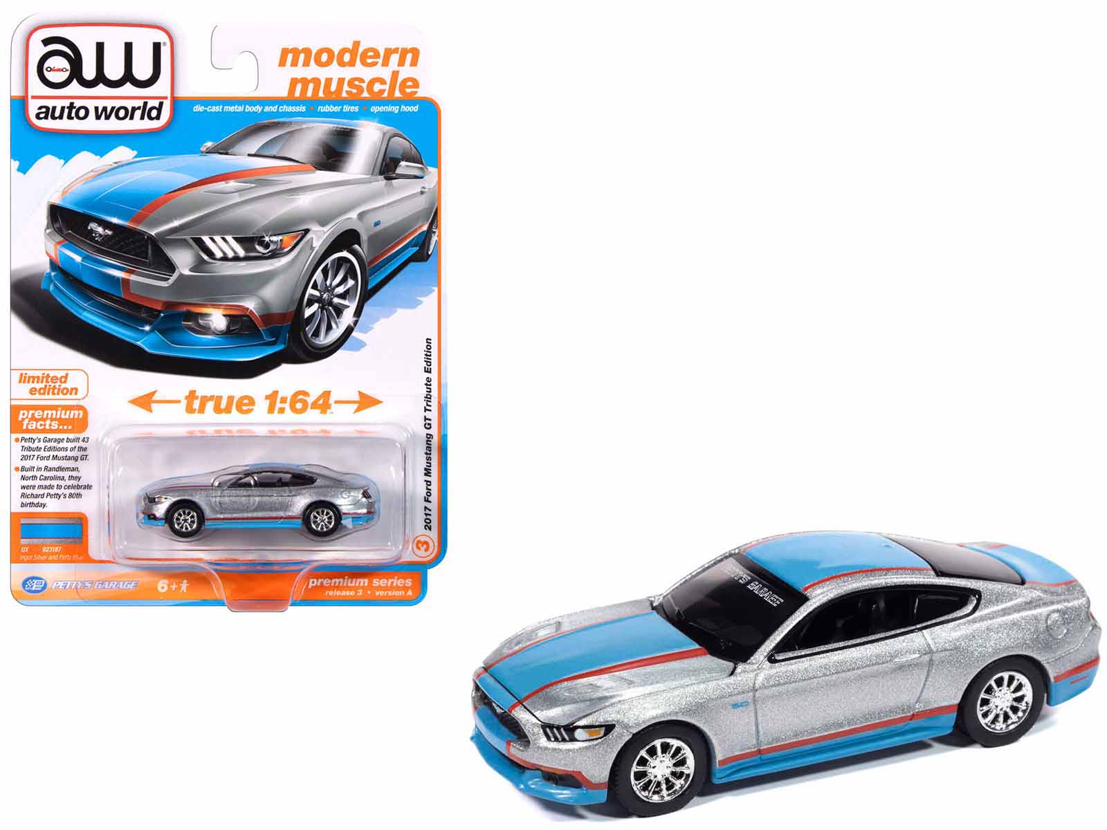 2017 Ford Mustang GT Tribute Edition "Petty's Garage" Ingot Silver Metallic with Petty Blue and Red Stripes "Modern Muscle" Series 1/64 Diecast Model Car by Auto World free shipping USA - Rapid Vehicles
