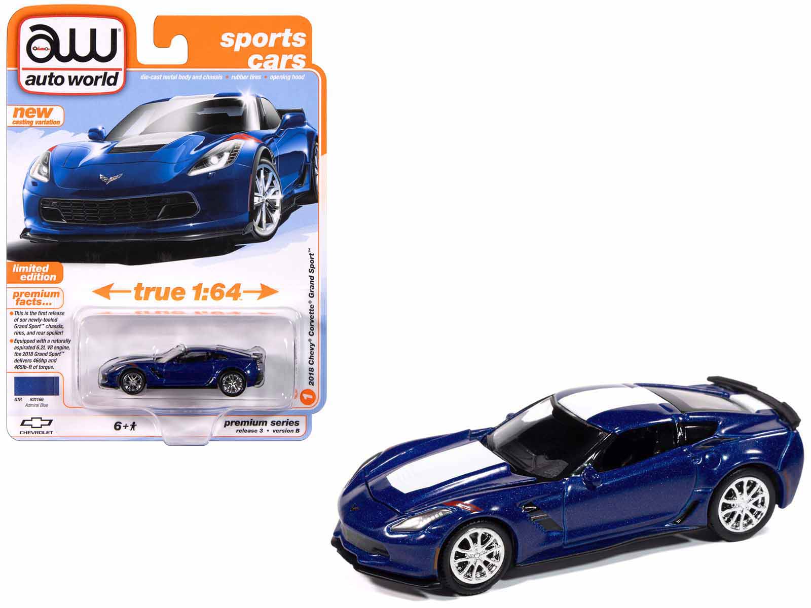 2018 Chevrolet Corvette Grand Sport Admiral Blue with White Stripe "Sports Cars" Series 1/64 Diecast Model Car by Auto World free shipping USA - Rapid Vehicles