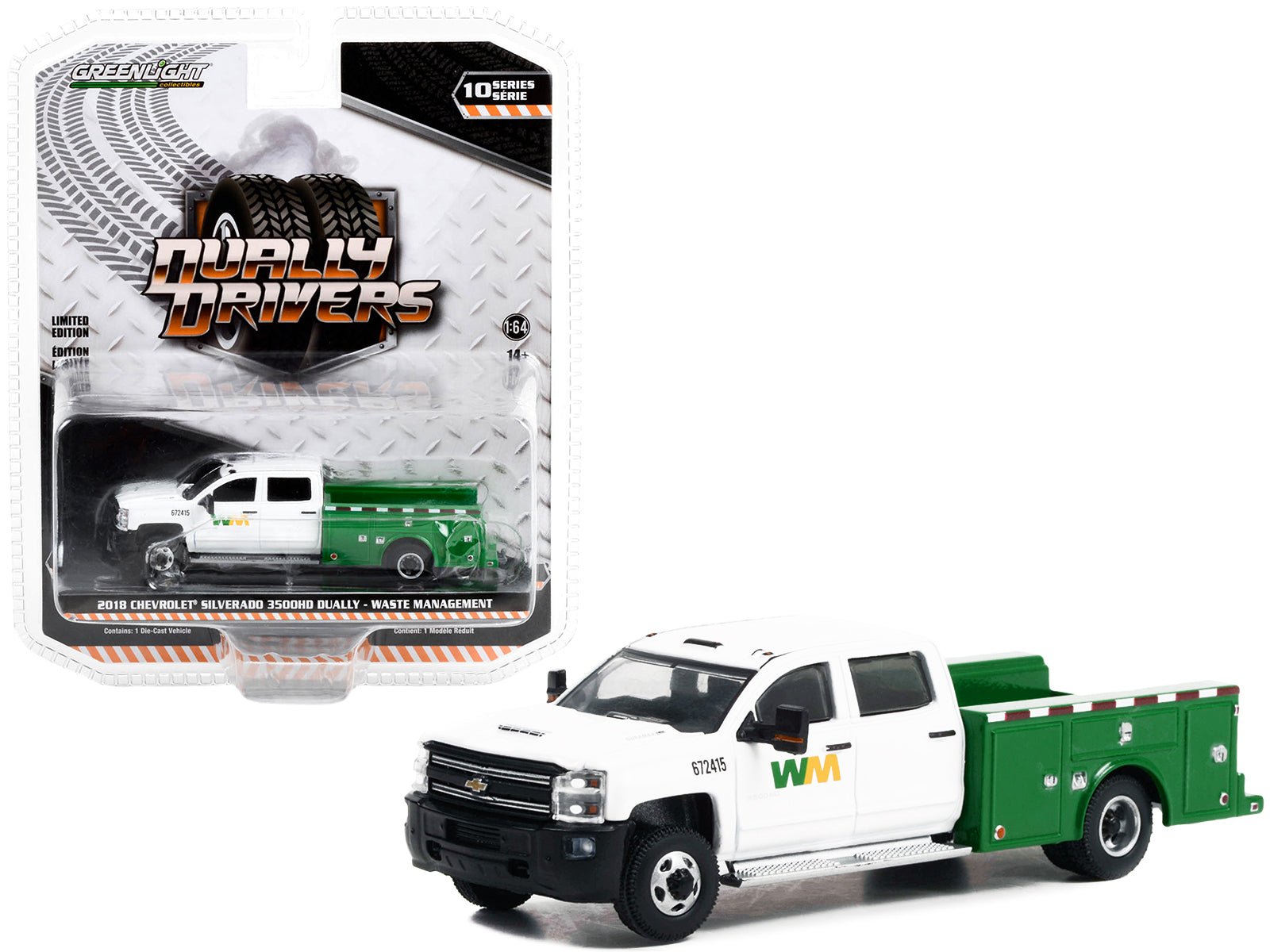 2018 Chevrolet Silverado 3500HD Dually Service Truck White and Green "Waste Management" "Dually Drivers" Series 10 1/64 Diecast Model Car by Greenlight free shipping USA - Rapid Vehicles