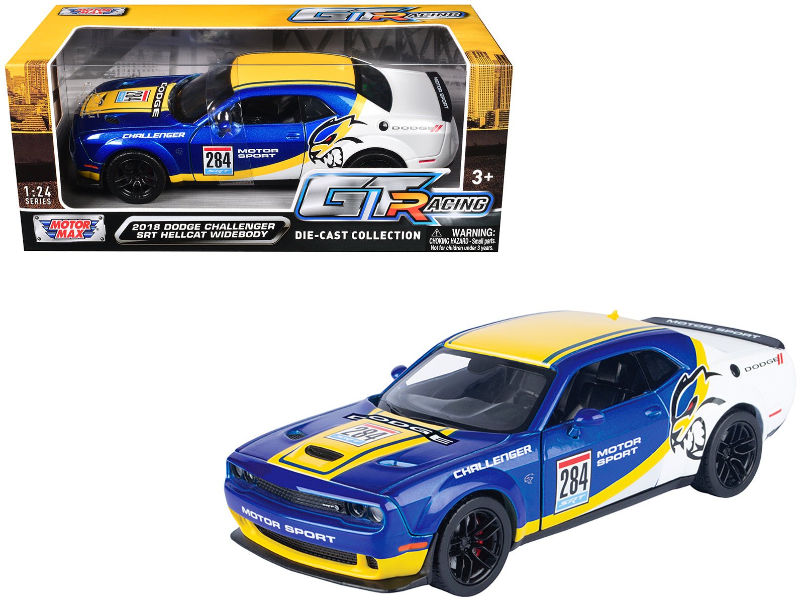 2018 Dodge Challenger SRT Hellcat Widebody 284 Blue Metallic and White with Yellow Graphics "GT Racing" Series 1/24 Diecast Model Car by Motormax free shipping USA - Rapid Vehicles