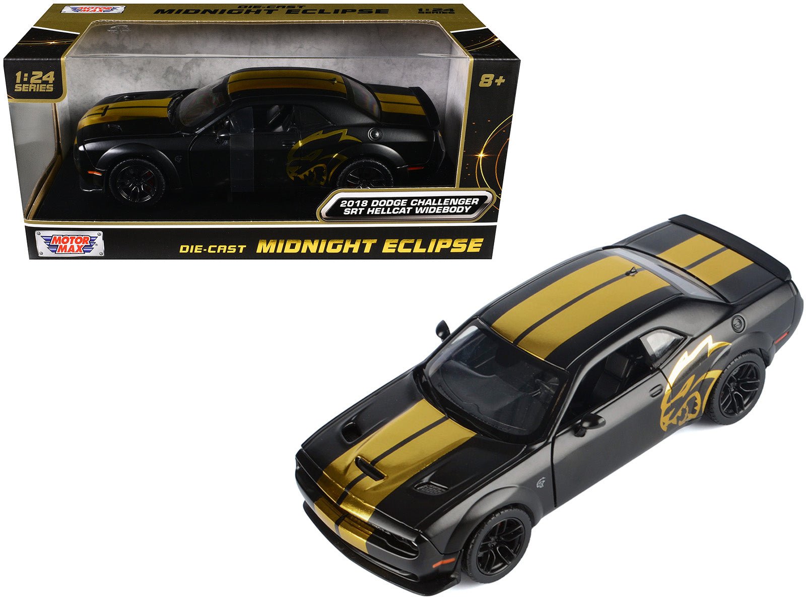 2018 Dodge Challenger SRT Hellcat Widebody Matt Black with Gold Stripes and Graphics "Midnight Eclipse" Series 1/24 Diecast Model Car by Motormax free shipping USA - Rapid Vehicles