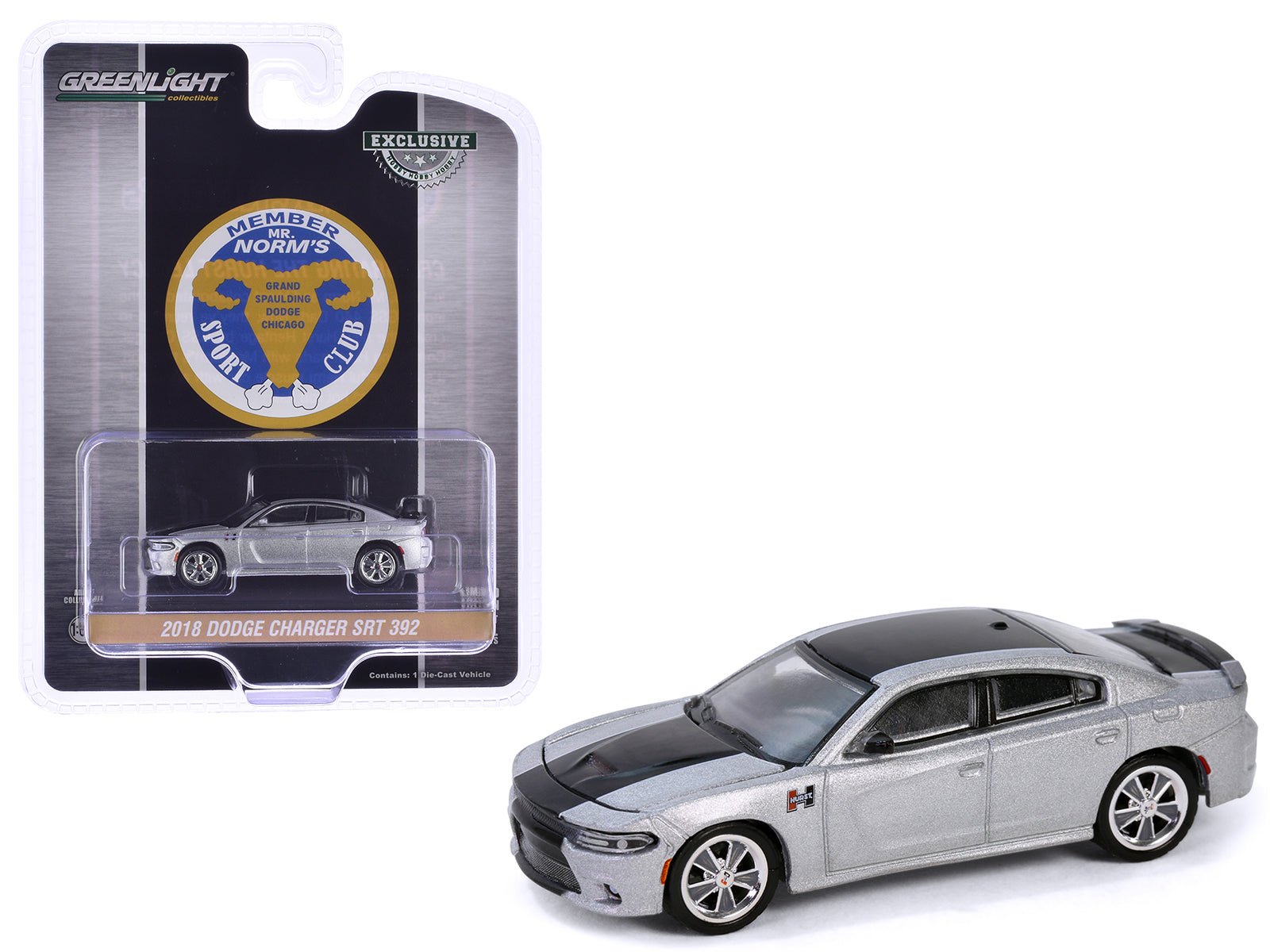2018 Dodge Charger SRT 392 Silver Metallic with Black Stripe "Mr. Norm Heritage GSS Charger" "Hobby Exclusive" Series 1/64 Diecast Model Car by Greenlight free shipping USA - Rapid Vehicles