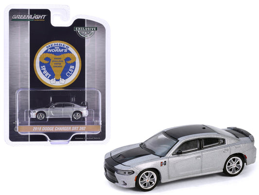 2018 Dodge Charger SRT 392 Silver Metallic with Black Stripe "Mr. Norm Heritage GSS Charger" "Hobby Exclusive" Series 1/64 Diecast Model Car by Greenlight free shipping USA - Rapid Vehicles