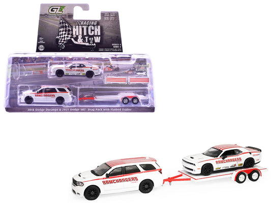 2018 Dodge Durango White with Red Stripes and 2021 Dodge Challenger SRT White with Red Stripes "Ramchargers" with Flatbed Trailer "Racing Hitch & Tow" Series 6 1/64 Diecast Model Cars by Greenlight free shipping USA - Rapid Vehicles