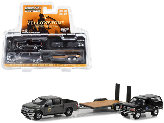 2018 Ford F - 150 Pickup Truck Gray with 1992 Ford Bronco "Montana Livestock Association" Black and Flatbed Car Trailer "Yellowstone" (2018 - Current) TV Series "Hollywood Hitch & Tow" Series 11 1/64 Diecast Model Cars by Greenlight free shipping USA - Rapid Vehicles