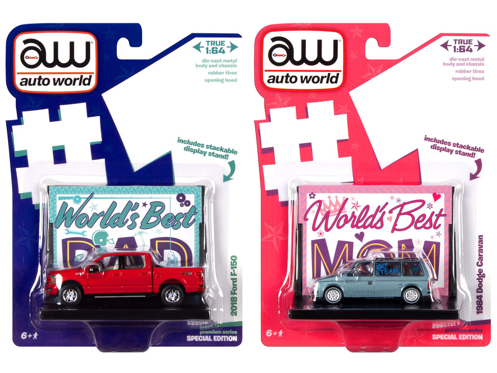 2018 Ford F - 150 Pickup Truck Red and 1984 Dodge Caravan Minivan Blue Metallic "World's Best Mom and Dad" Set of 2 Pieces 1/64 Diecast Model Cars by Auto World free shipping USA - Rapid Vehicles