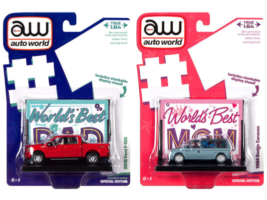 2018 Ford F - 150 Pickup Truck Red and 1984 Dodge Caravan Minivan Blue Metallic "World's Best Mom and Dad" Set of 2 Pieces 1/64 Diecast Model Cars by Auto World free shipping USA - Rapid Vehicles