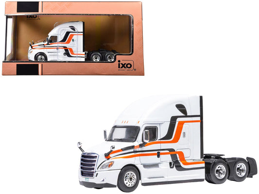 2018 Freightliner Cascadia Truck Tractor White with Black and Orange Stripes 1/64 Diecast Model by IXO Models free shipping USA - Rapid Vehicles