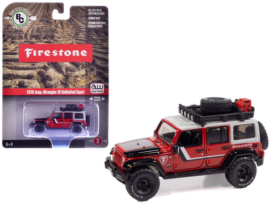 2018 Jeep Wrangler JK Unlimited Sport "Firestone Field Agent" Red with Graphics and Gray Top with Roof Rack "Big Country Collectibles" 2025 Series 1/64 Diecast Model Car by Auto World free shipping USA - Rapid Vehicles