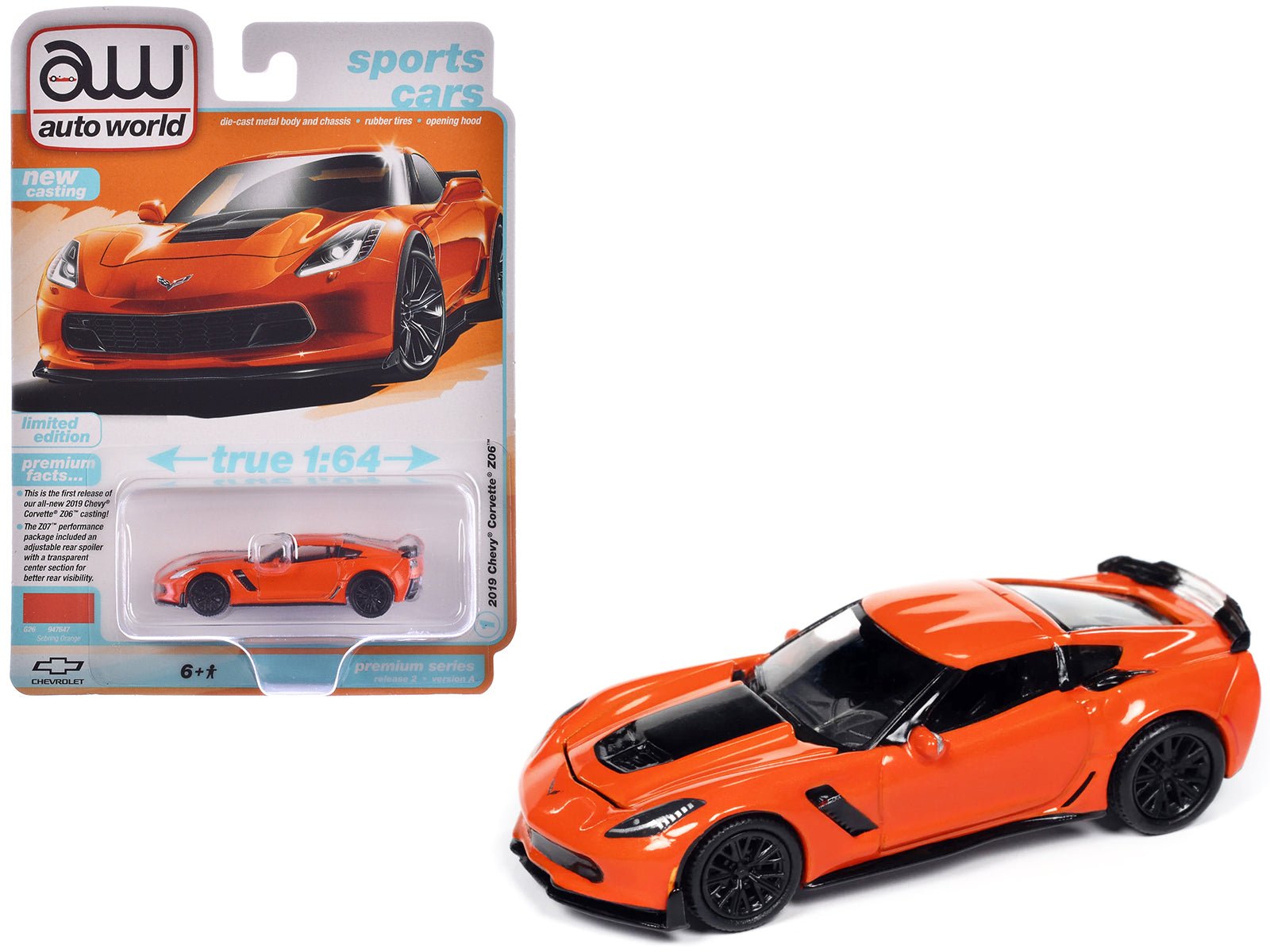 2019 Chevrolet Corvette Z06 Sebring Orange with Black Hood "Sports Cars" Series 1/64 Diecast Model Car by Auto World free shipping USA - Rapid Vehicles