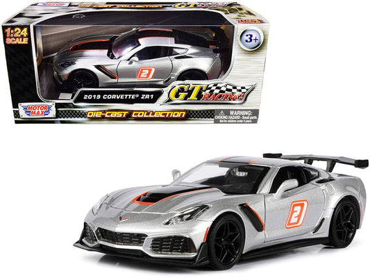 2019 Chevrolet Corvette ZR1 2 Silver with Black and Orange Stripes "GT Racing" Series 1/24 Diecast Model Car by Motormax free shipping USA - Rapid Vehicles