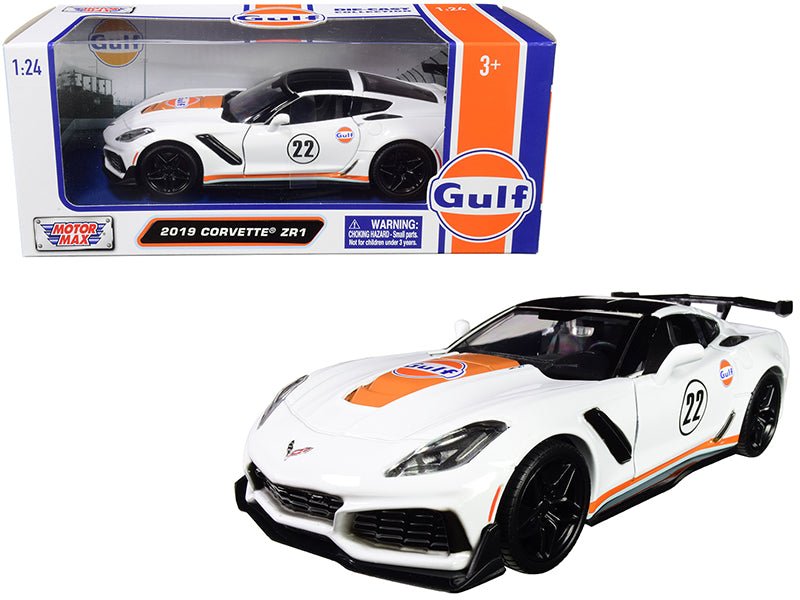 2019 Chevrolet Corvette ZR1 22 "Gulf Oil" White with Orange Stripes and Black Top 1/24 Diecast Model Car by Motormax free shipping USA - Rapid Vehicles