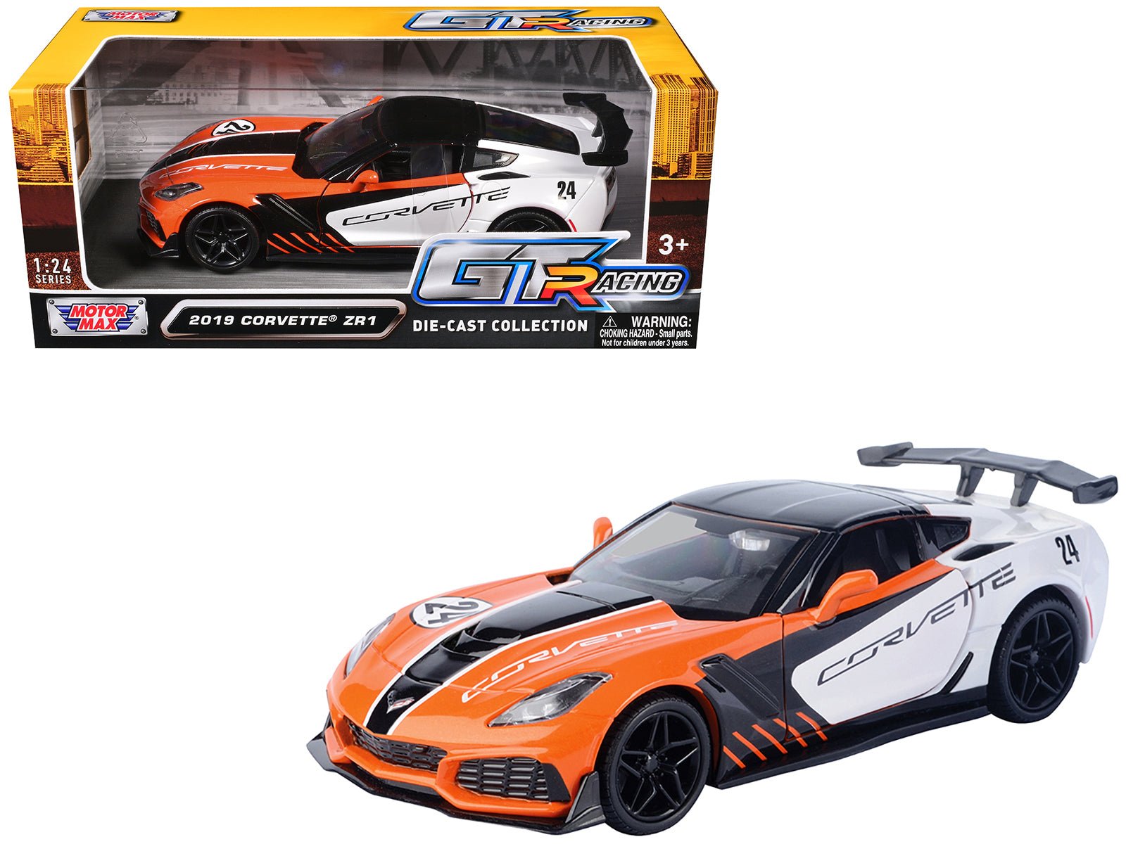 2019 Chevrolet Corvette ZR1 24 Orange and White with Black Graphics "GT Racing" Series 1/24 Diecast Model Car by Motormax free shipping USA - Rapid Vehicles