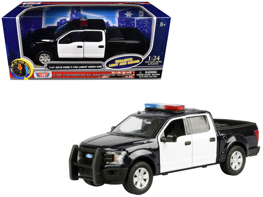 2019 Ford F - 150 Lariat Crew Cab Pickup Truck Black and White with Flashing Light Bar and Front and Rear Lights and Sounds 1/27 Diecast Model Car by Motormax free shipping USA - Rapid Vehicles