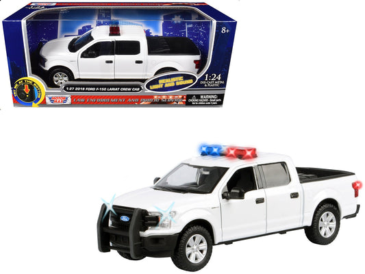 2019 Ford F - 150 Lariat Crew Cab Pickup Truck White with Flashing Light Bar and Front and Rear Lights and Sounds 1/27 Diecast Model Car by Motormax free shipping USA - Rapid Vehicles