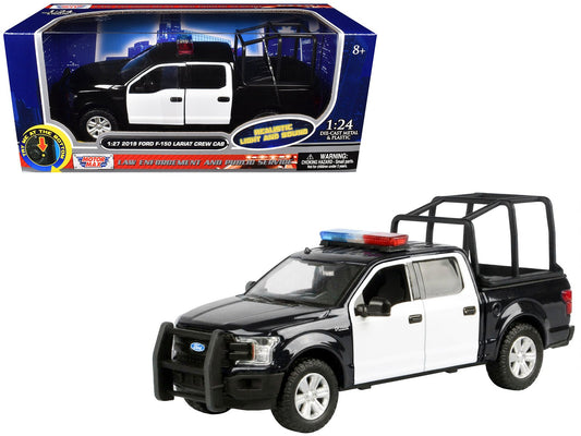 2019 Ford F - 150 Lariat Crew Cab Pickup Truck with Bed Cage Black and White with Flashing Light Bar and Front and Rear Lights and Sounds 1/27 Diecast Model Car by Motormax free shipping USA - Rapid Vehicles