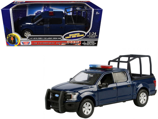 2019 Ford F - 150 Lariat Crew Cab Pickup Truck with Bed Cage Dark Blue with Flashing Light Bar and Front and Rear Lights and Sounds 1/27 Diecast Model Car by Motormax free shipping USA - Rapid Vehicles