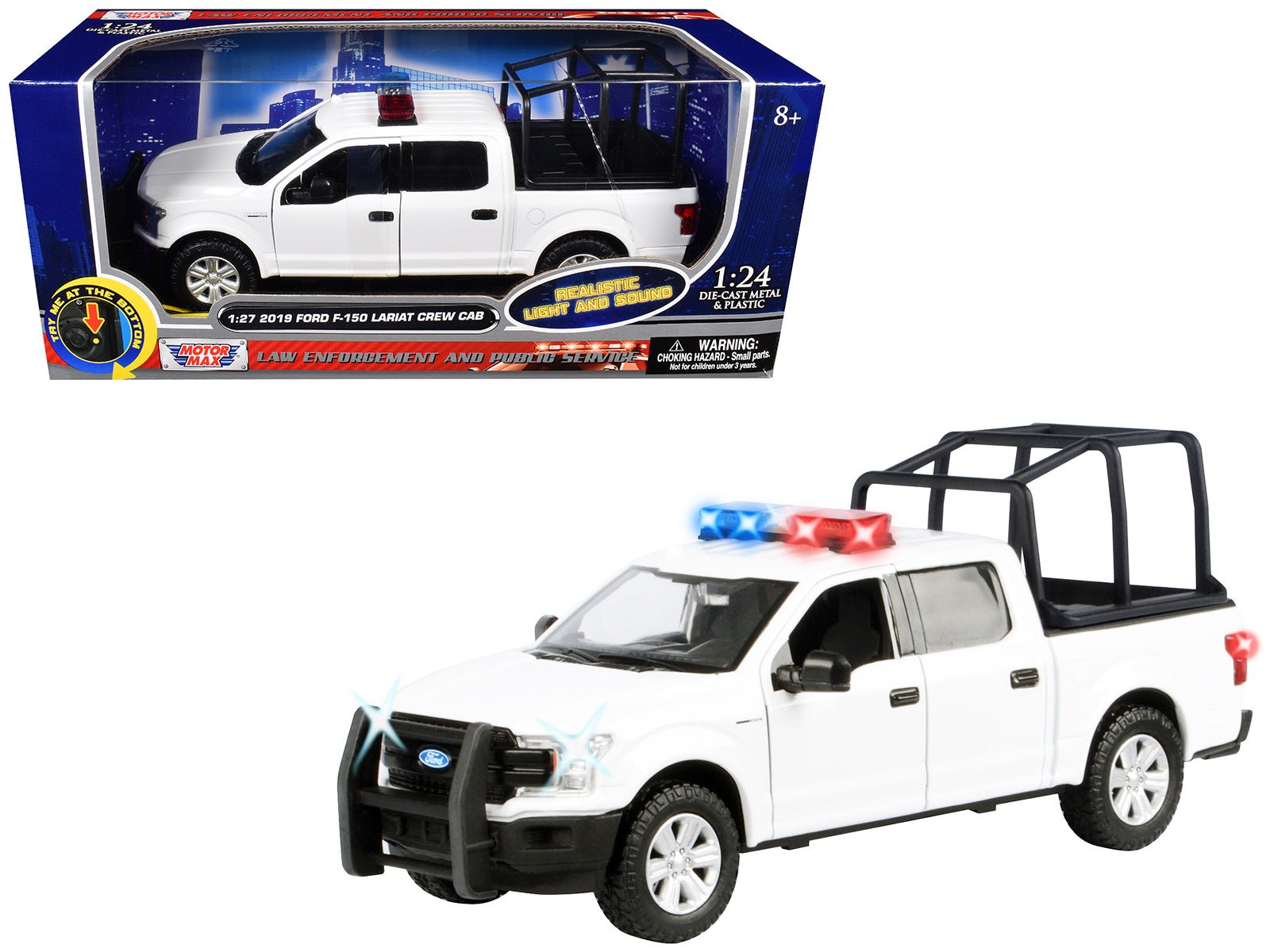 2019 Ford F - 150 Lariat Crew Cab Pickup Truck with Bed Cage White with Flashing Light Bar and Front and Rear Lights and Sounds 1/27 Diecast Model Car by Motormax free shipping USA - Rapid Vehicles