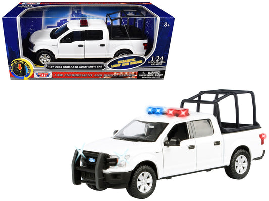 2019 Ford F - 150 Lariat Crew Cab Pickup Truck with Bed Cage White with Flashing Light Bar and Front and Rear Lights and Sounds 1/27 Diecast Model Car by Motormax free shipping USA - Rapid Vehicles