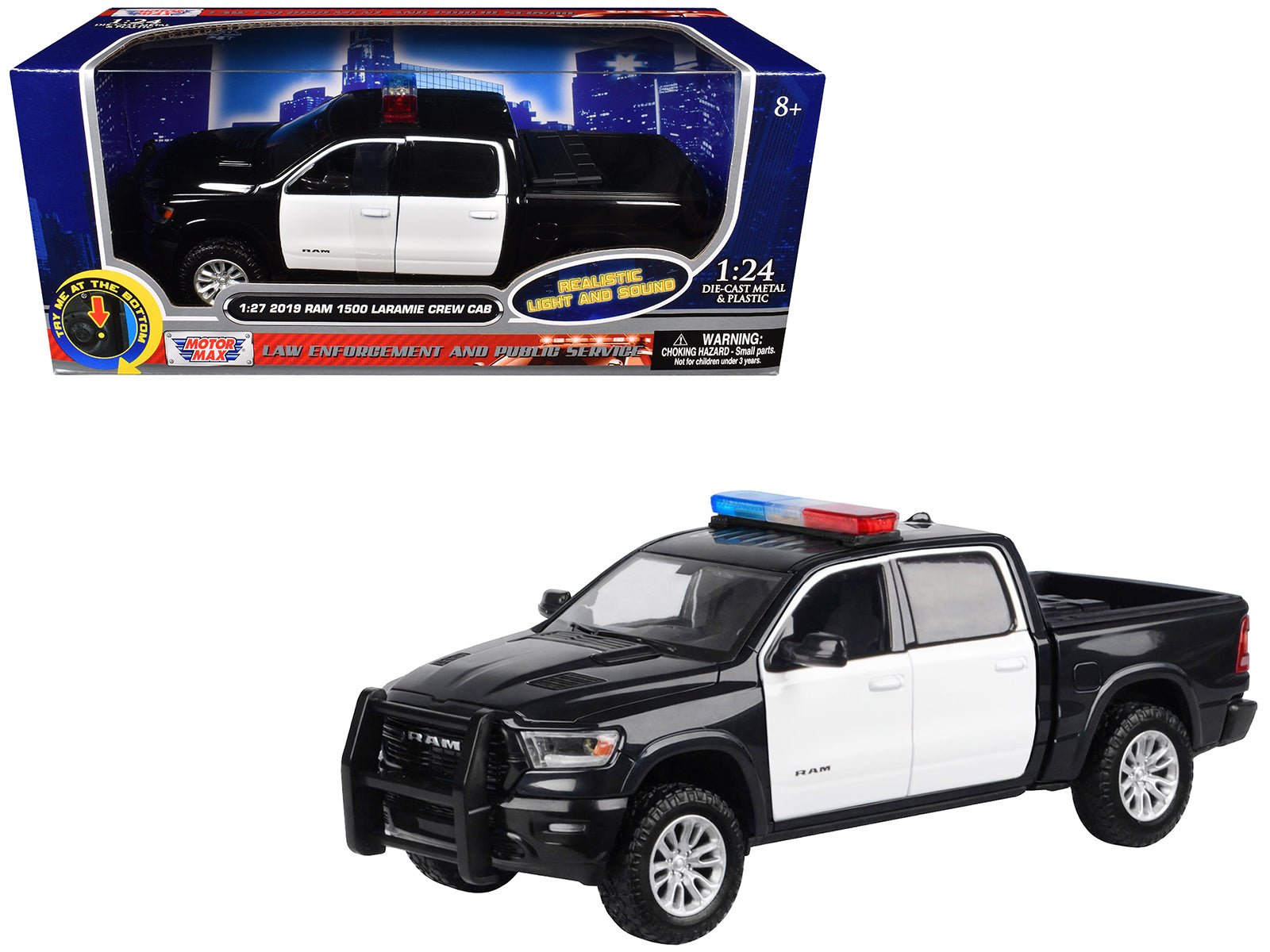 2019 RAM 1500 Laramie Crew Cab Pickup Truck Black and White with Flashing Light Bar and Front and Rear Lights and Sounds 1/27 Diecast Model Car by Motormax free shipping USA - Rapid Vehicles