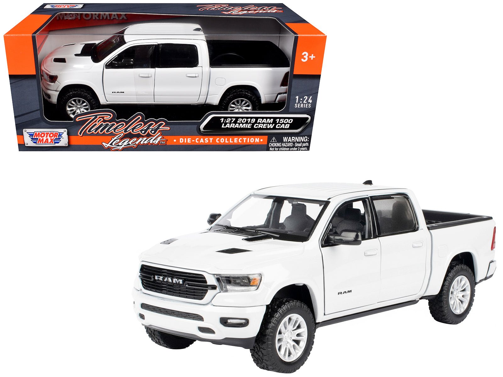 2019 RAM 1500 Laramie Crew Cab Pickup Truck White "Timeless Legends" Series 1/24 Diecast Model Car by Motormax free shipping USA - Rapid Vehicles