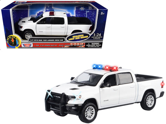 2019 RAM 1500 Laramie Crew Cab Pickup Truck White with Flashing Light Bar and Front and Rear Lights and Sounds 1/27 Diecast Model Car by Motormax free shipping USA - Rapid Vehicles