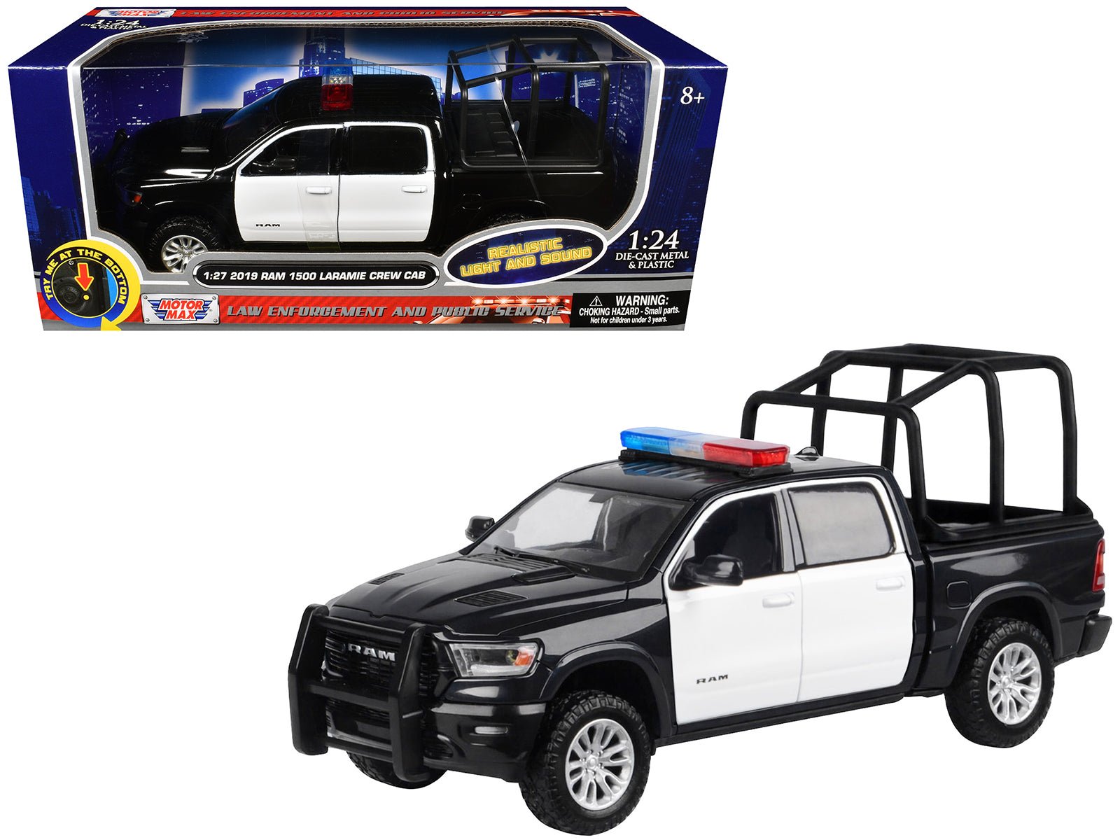 2019 RAM 1500 Laramie Crew Cab Pickup Truck with Bed Cage Black and White with Flashing Light Bar and Front and Rear Lights and Sounds 1/27 Diecast Model Car by Motormax free shipping USA - Rapid Vehicles