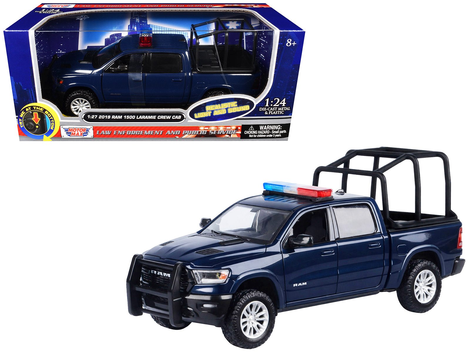 2019 RAM 1500 Laramie Crew Cab Pickup Truck with Bed Cage Dark Blue with Flashing Light Bar and Front and Rear Lights and Sounds 1/27 Diecast Model Car by Motormax free shipping USA - Rapid Vehicles
