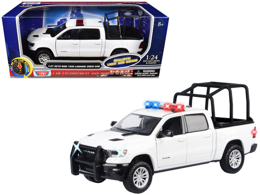 2019 RAM 1500 Laramie Crew Cab Pickup Truck with Bed Cage White with Flashing Light Bar and Front and Rear Lights and Sounds 1/27 Diecast Model Car by Motormax free shipping USA - Rapid Vehicles