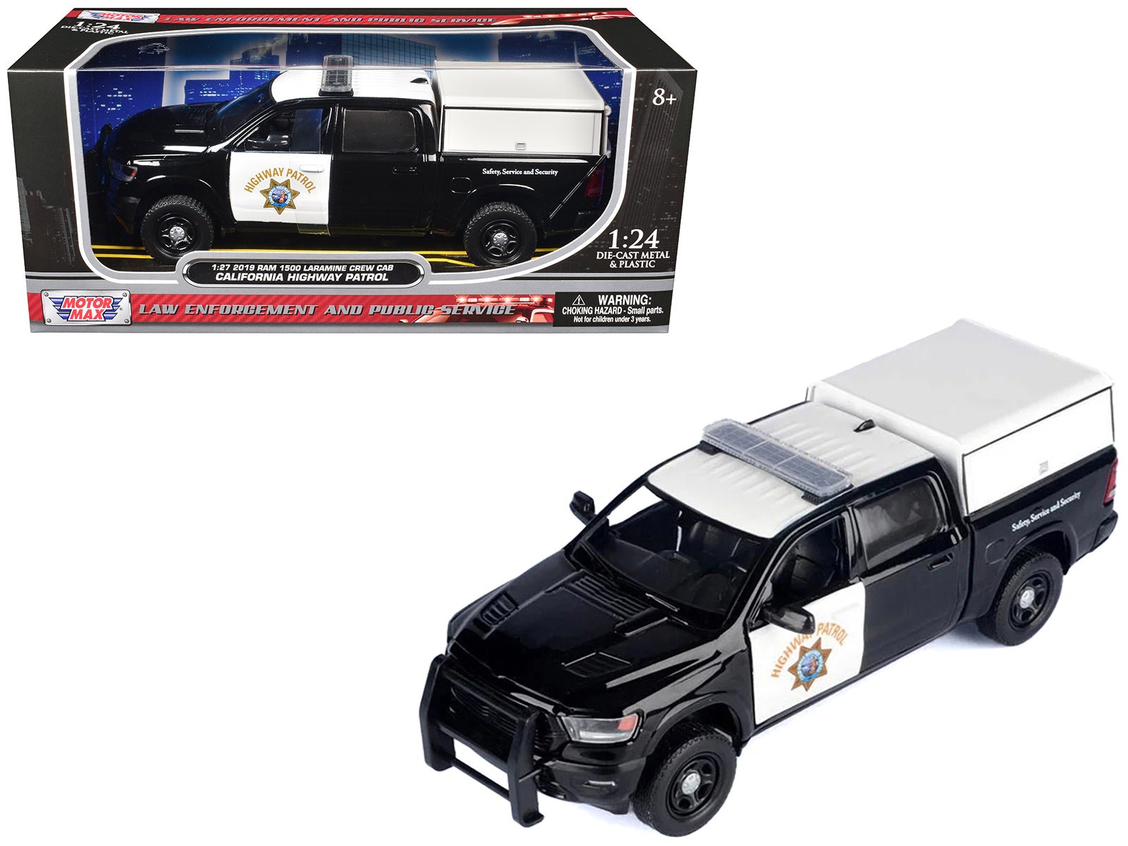 2019 RAM 1500 Laramine Crew Cab Pickup Truck "California Highway Patrol" Black and White with Truck Bed Camper "Law Enforcement and Public Service" Series 1/27 Diecast Model Car by Motormax free shipping USA - Rapid Vehicles