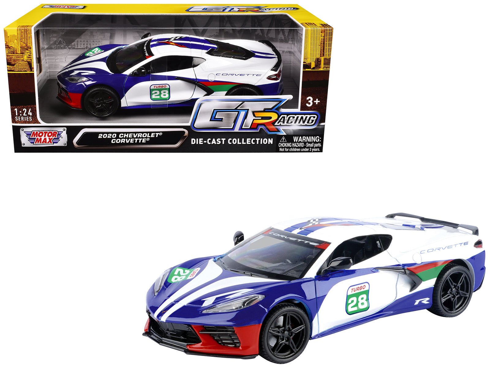 2020 Chevrolet Corvette 28 White with Blue Graphics "GT Racing" Series 1/24 Diecast Model Car by Motormax free shipping USA - Rapid Vehicles