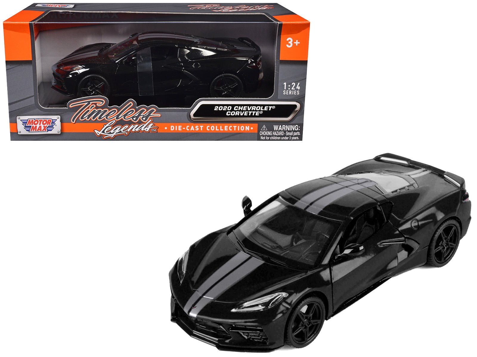 2020 Chevrolet Corvette C8 Stingray Black with Silver Stripes "Timeless Legends" Series 1/24 Diecast Model Car by Motormax free shipping USA - Rapid Vehicles