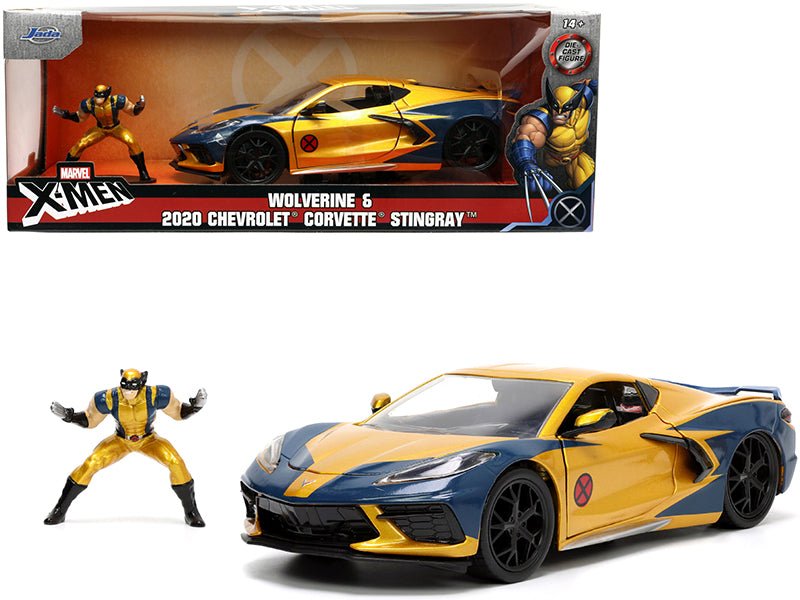 2020 Chevrolet Corvette C8 Stingray Gold Metallic and Dark Blue and Wolverine Diecast Figurine "X - Men" "Marvel" Series "Hollywood Rides" 1/24 Diecast Model Car by Jada free shipping USA - Rapid Vehicles