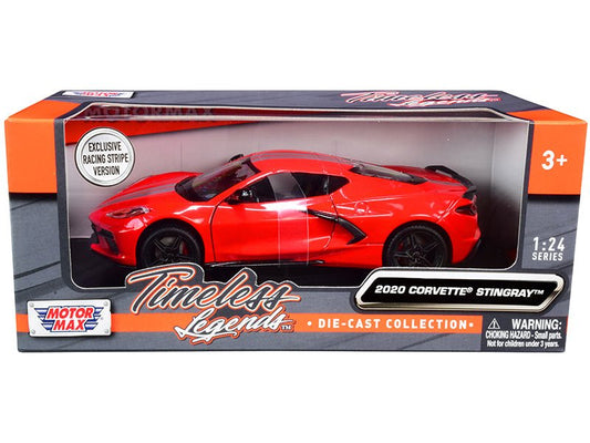 2020 Chevrolet Corvette C8 Stingray Red with Silver Racing Stripes "Timeless Legends" 1/24 Diecast Model Car by Motormax free shipping USA - Rapid Vehicles