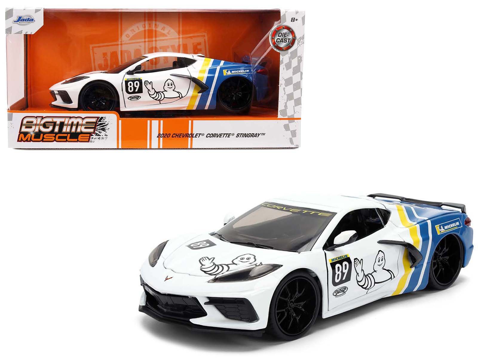 2020 Chevrolet Corvette Stingray C8 89 "Michelin" White with Yellow and Blue Stripes "Bigtime Muscle" Series 1/24 Diecast Model Car by Jada free shipping USA - Rapid Vehicles